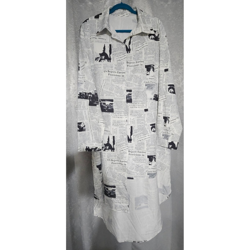 Newspaper Print Shirt Dress Women 4XL White Black Graphic High-Low Hem